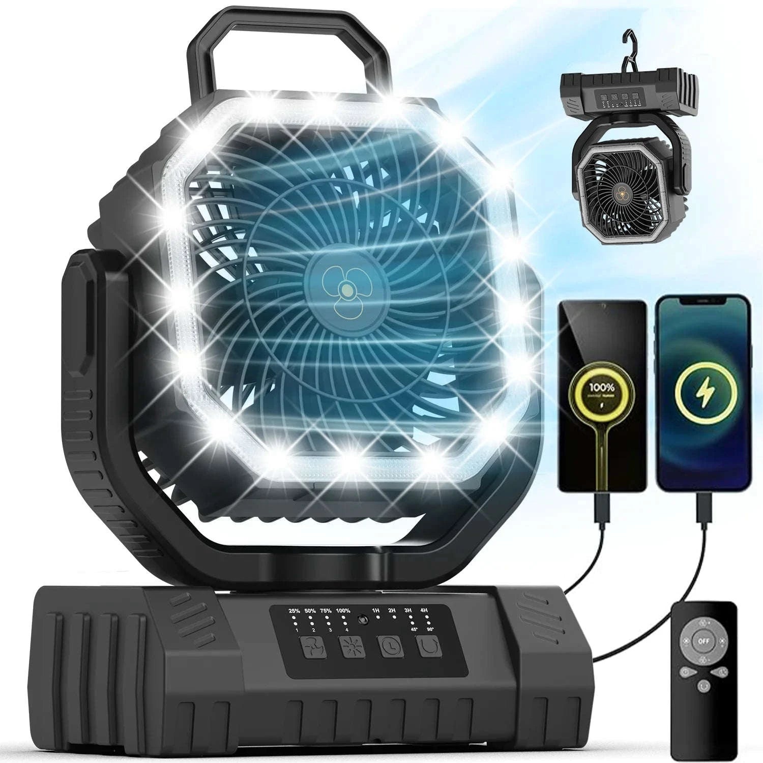 20000mAh Rechargeable Camping Fan with Auto Oscillation, Remote, Timer and LED Lantern-black / United States