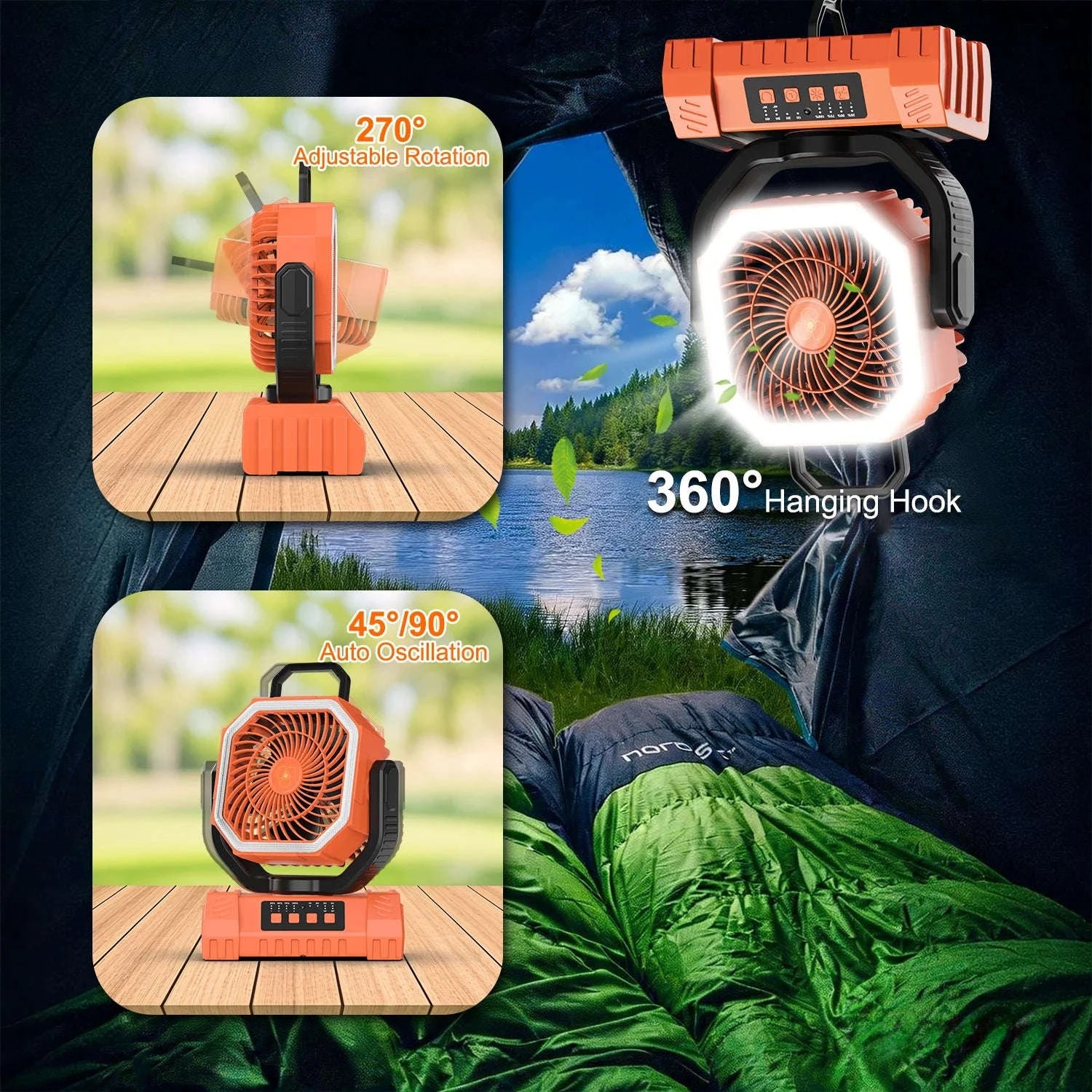 20000mAh Rechargeable Camping Fan with Auto Oscillation, Remote, Timer and LED Lantern-black / United States