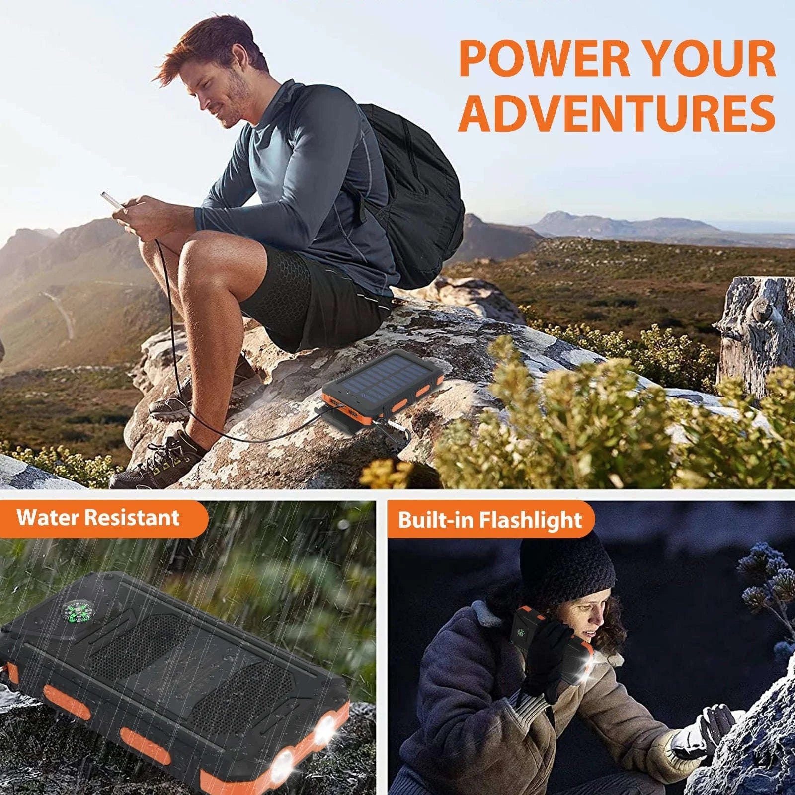 20000mAh Solar Power Bank with Dual USB, LED Light & Compass-Blue Color / United States