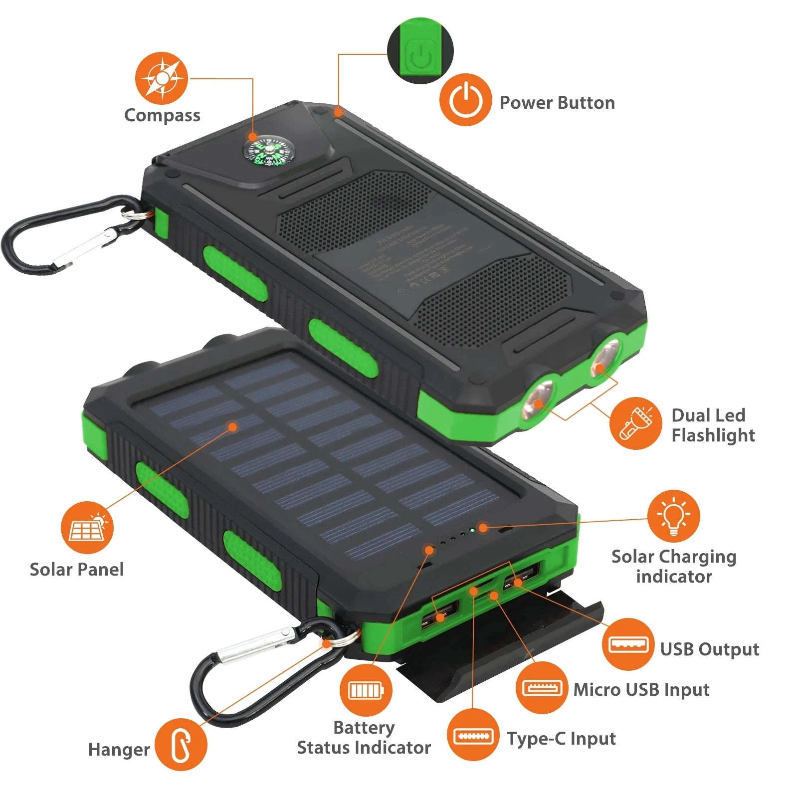 20000mAh Solar Power Bank with Dual USB, LED Light & Compass-Blue Color / United States
