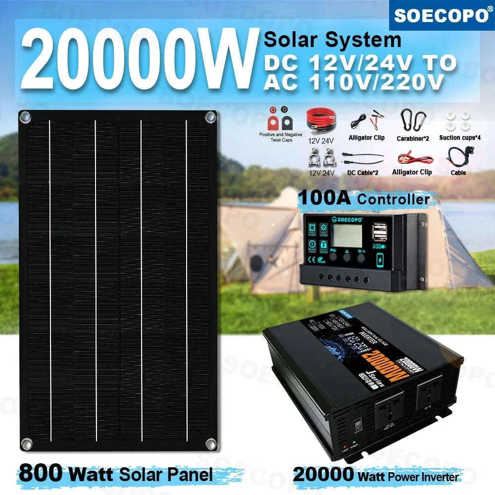 20000W Solar Power System Kit with 800W Panel & 1600W Inverter-12V 24V To 220V 50Hz