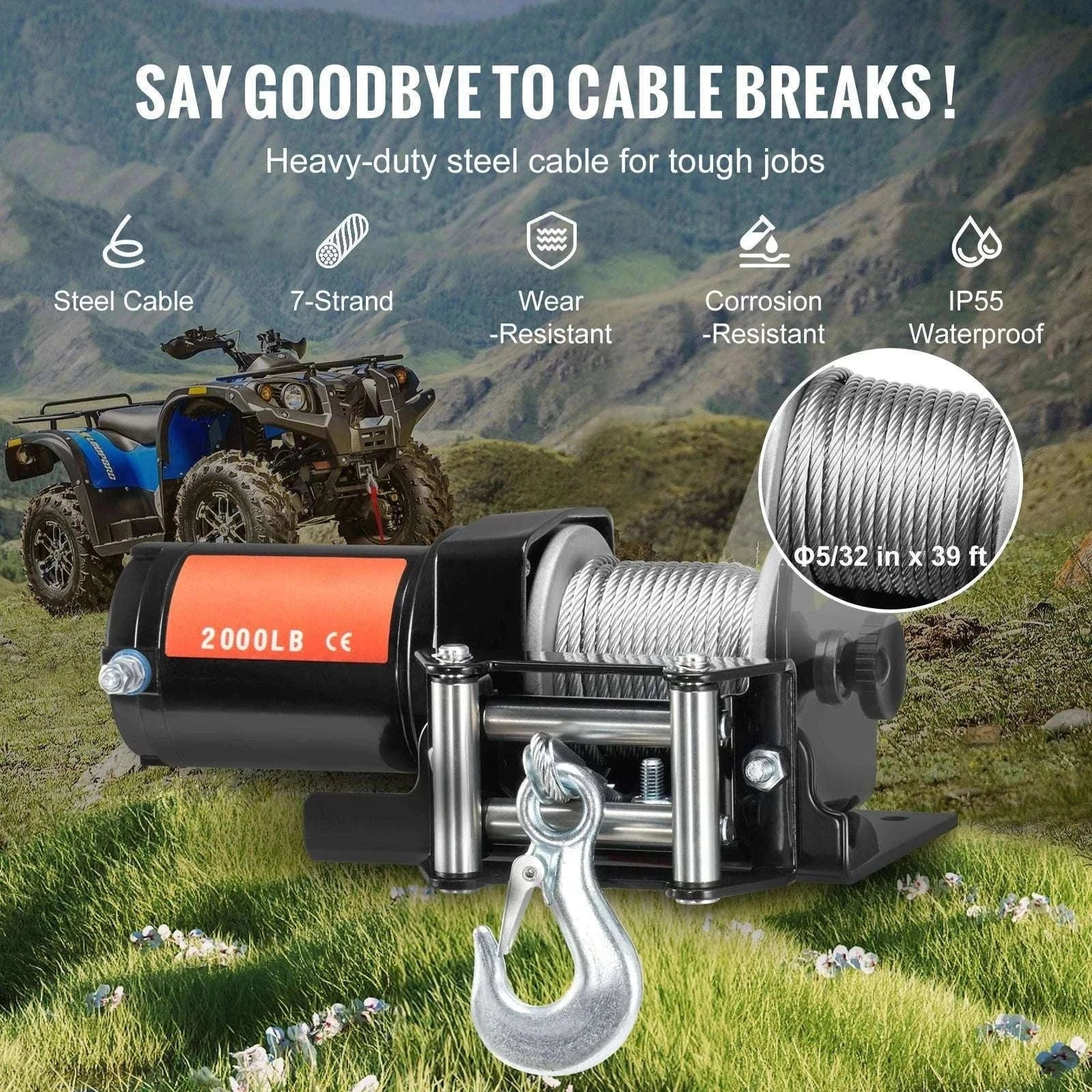 2000lbs Electric ATV Winch with Steel Cable & Wired Remote-2000lbs Wired / CZECH REPUBLIC