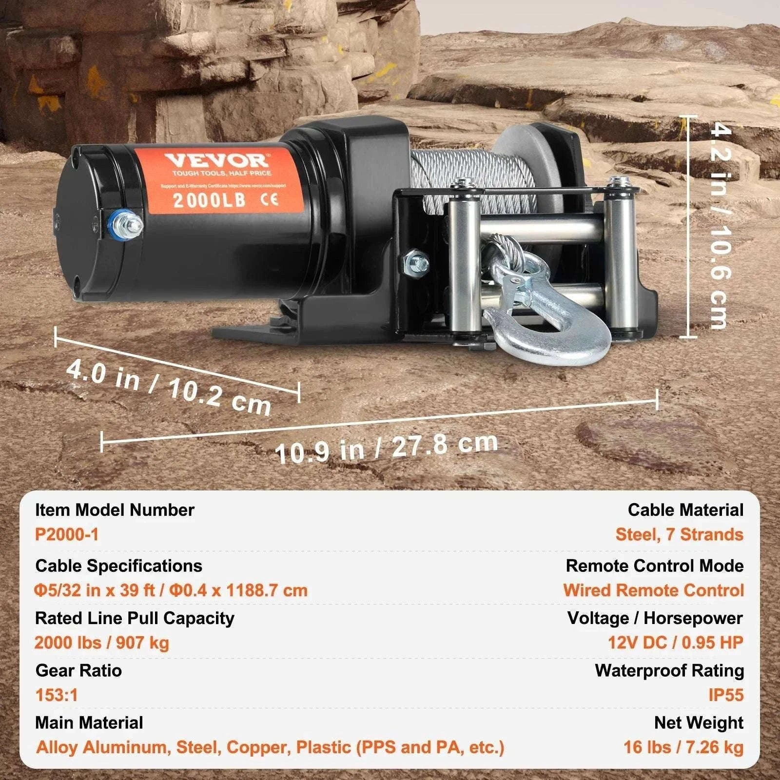 2000lbs Electric ATV Winch with Steel Cable & Wired Remote-2000lbs Wired / CZECH REPUBLIC