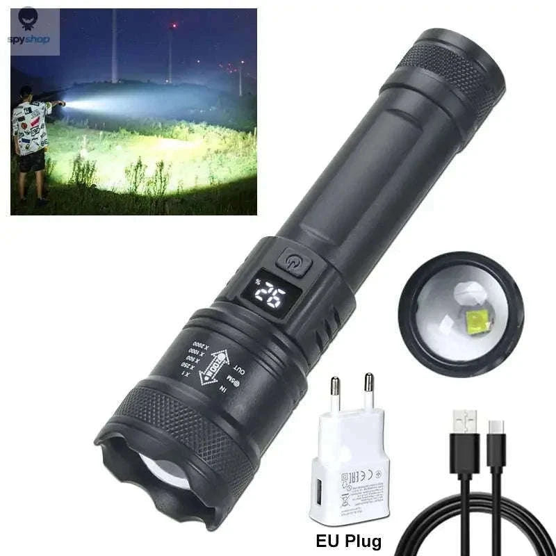 2000LM Rechargeable LED Flashlight with Zoom for Outdoors-with EU Plug / black / ZOOM|Built in battery