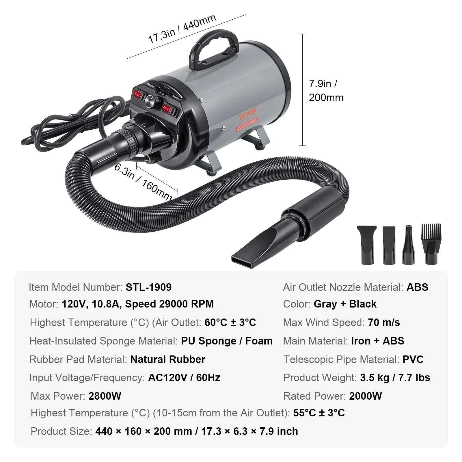 2000W/2.7HP Dog Blow Dryer with Adjustable Speed-Gray / CZECH REPUBLIC