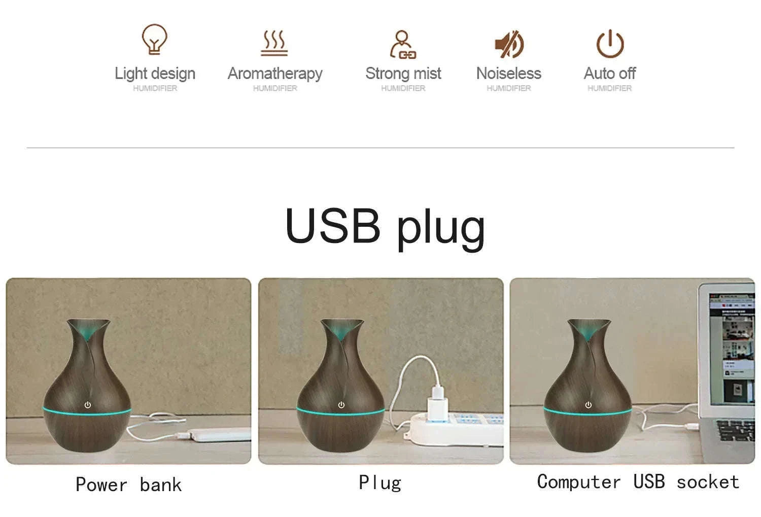200ml USB Air Humidifier Essential Oil Diffuser with Mist-white wood grain