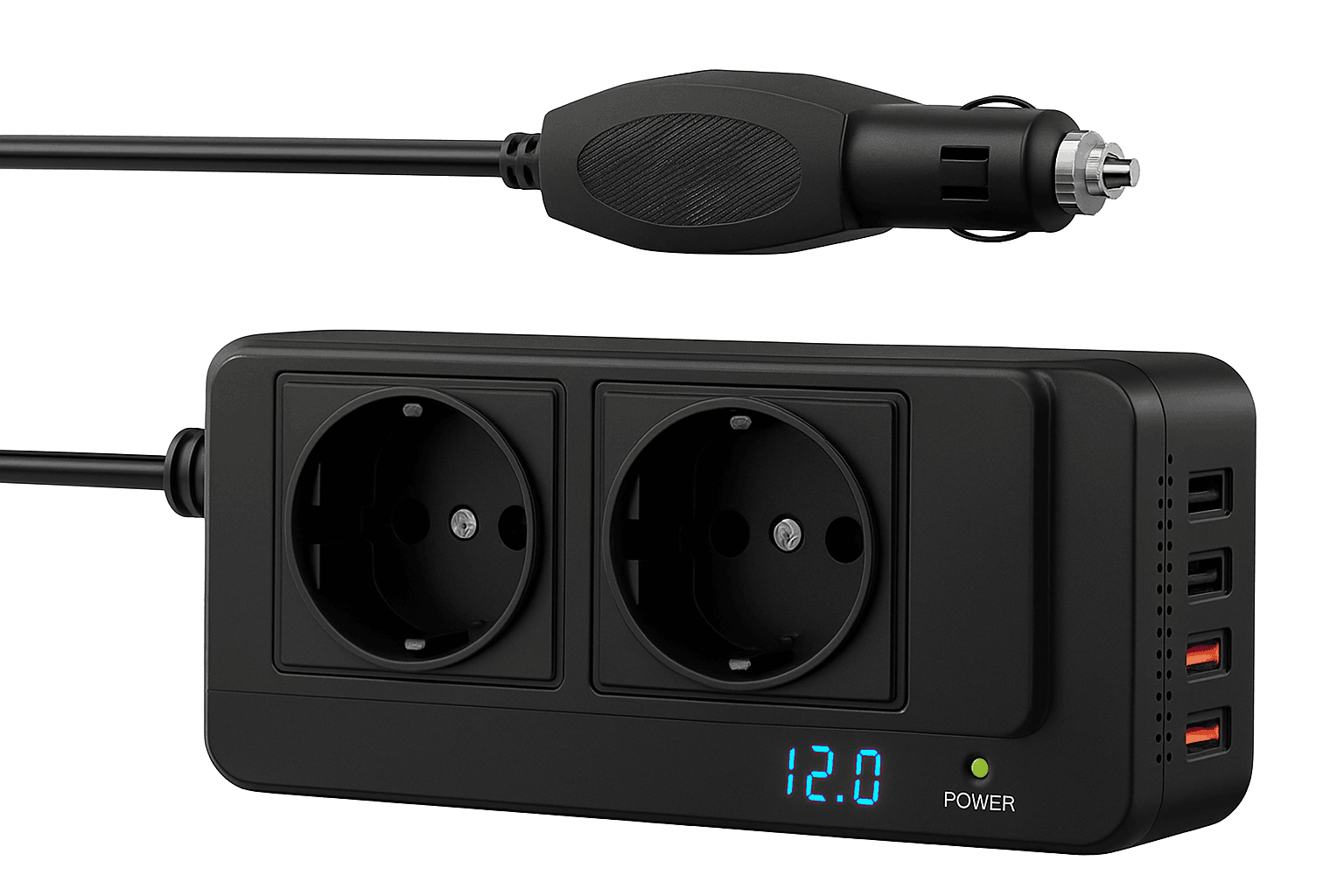 200W Car Power Inverter 12V to 220V with 2 Outlets and 4 USB Ports-black