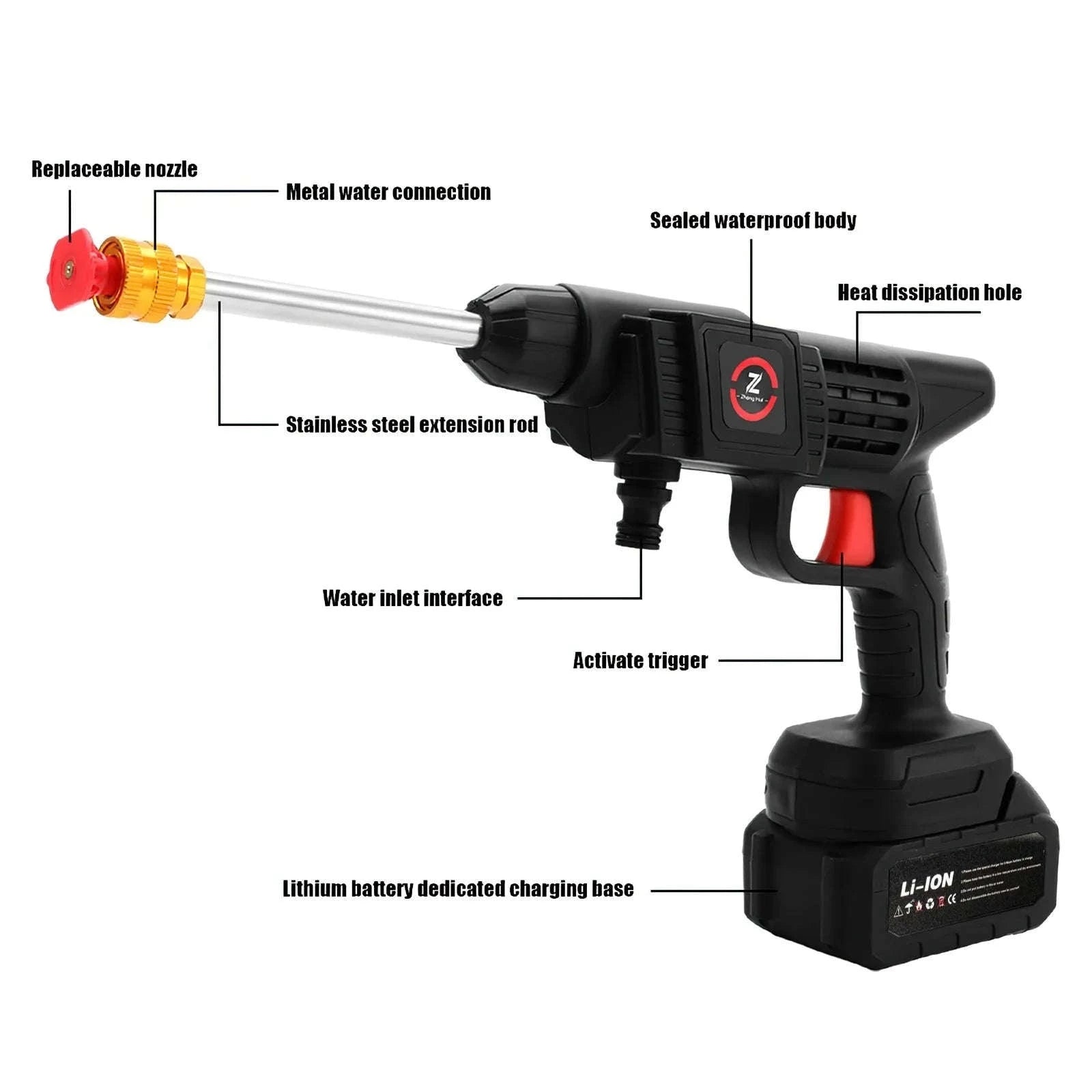 200W Cordless High Pressure Spray Gun Car Washer-With 2X15Cell Battery / Poland / Electric