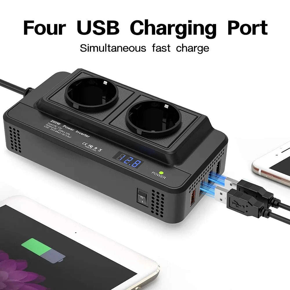 200W Vehicle Inverter 12V DC to 220V AC with 2 Outlets and 4 USB Ports-Universal-socket