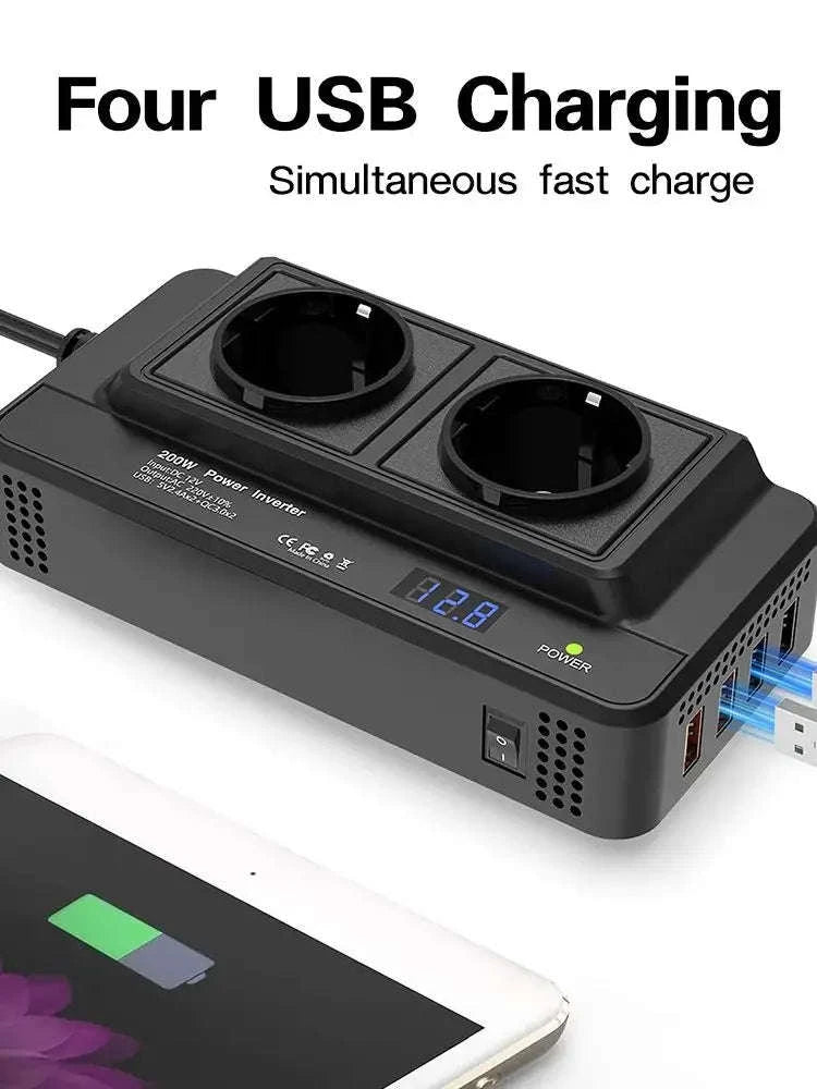 200W Vehicle Inverter 12V DC to 220V AC with 2 Outlets and 4 USB Ports-Universal-socket