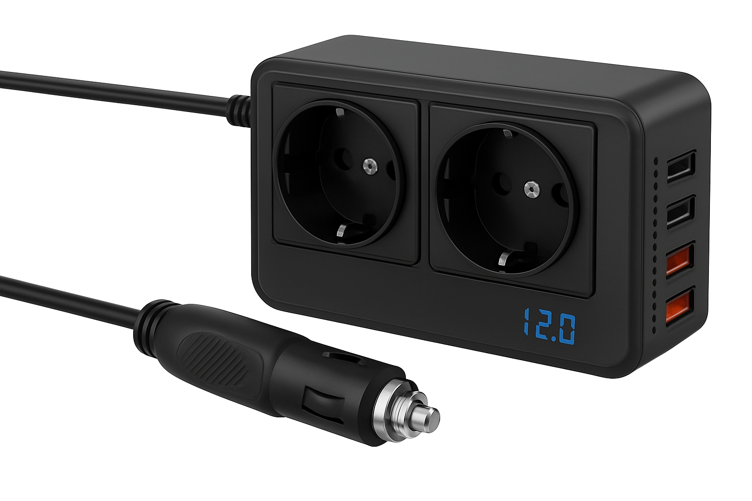 200W vehicle inverter, converting 12V DC to 220V AC, featuring two power sockets and four QC3.0 35W USB ports.