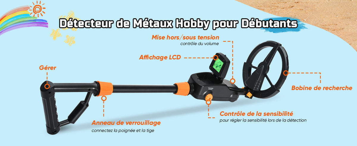 Détecteur de Métal Léger pour Enfants avec Écran LCD et Son, Détecteur de Métaux pour Enfants, Batterie IP68 enrouleur
