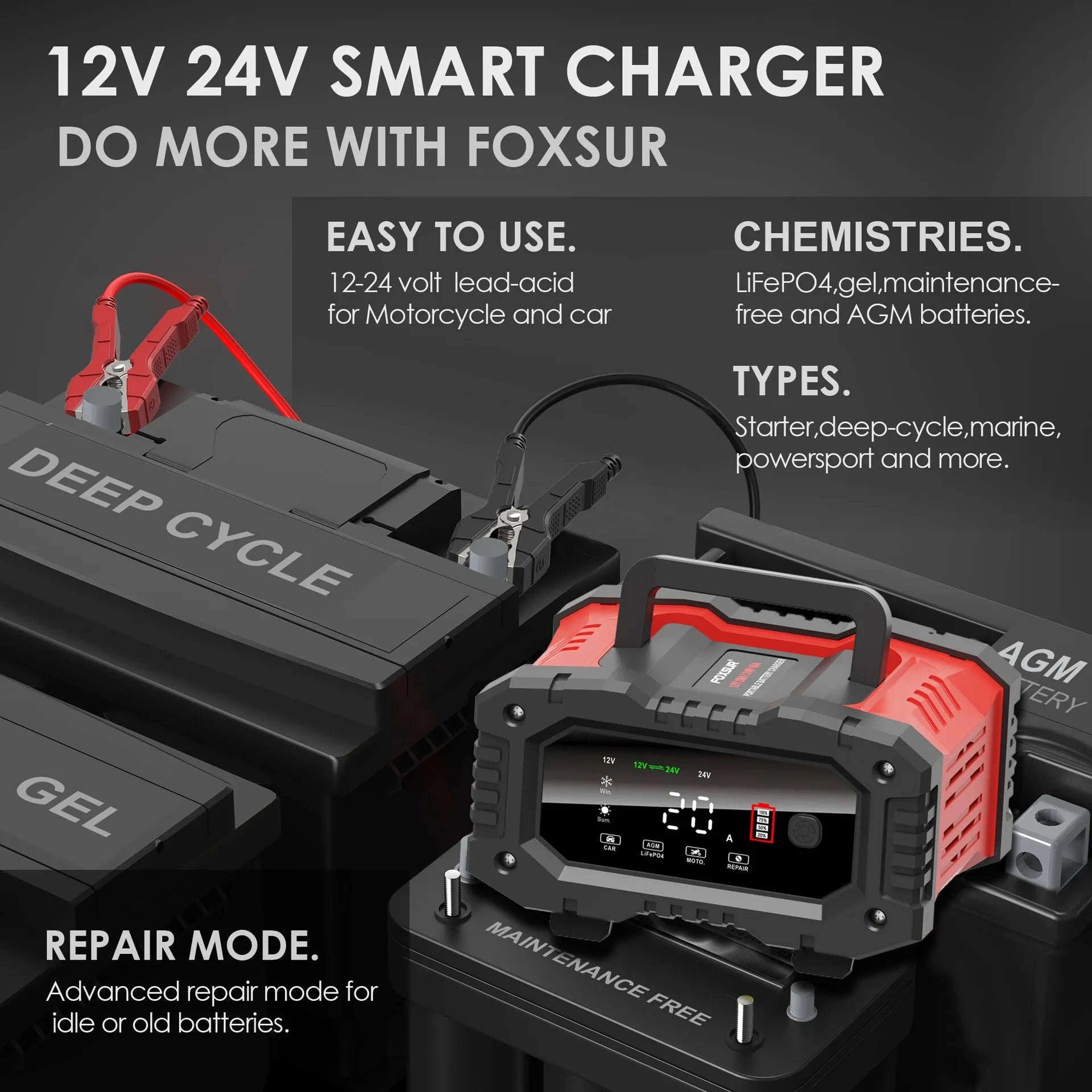 20A/10A Smart Car & Motorcycle Battery Charger 12V/24V-20A 10A red