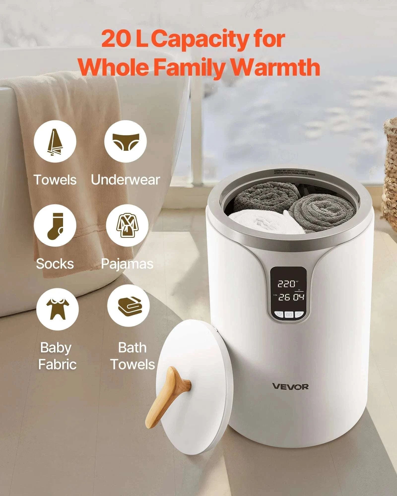20L Towel Warmer Bucket with Timer, LED Light & Safety Lock-White 20L / Poland