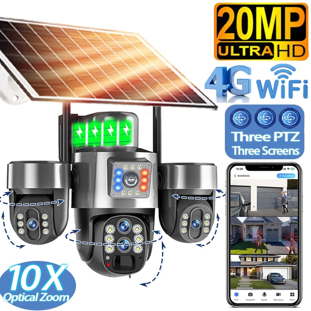 20MP 4-Lens 4G Solar Outdoor Security Camera with 10X Optical Zoom, 3 PTZ and Auto Tracking-WiFi No Zoom No Card