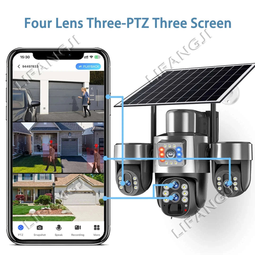 20MP 4-Lens 4G Solar Outdoor Security Camera with 10X Optical Zoom, 3 PTZ and Auto Tracking-WiFi No Zoom No Card