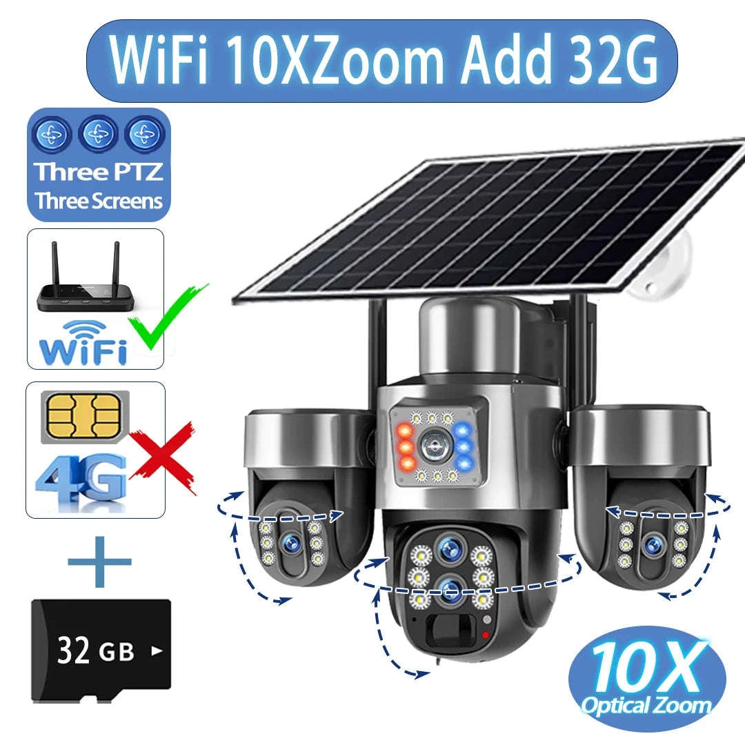 20MP 4-Lens 4G Solar Outdoor Security Camera with 10X Optical Zoom, 3 PTZ and Auto Tracking-WiFi No Zoom No Card