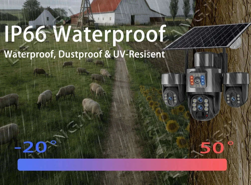 20MP 4-Lens 4G Solar Outdoor Security Camera with 10X Optical Zoom, 3 PTZ and Auto Tracking-WiFi No Zoom No Card