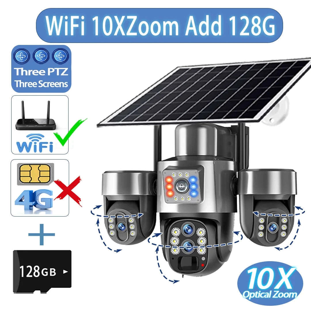20MP 4-Lens 4G Solar Outdoor Security Camera with 10X Optical Zoom, 3 PTZ and Auto Tracking-WiFi No Zoom No Card
