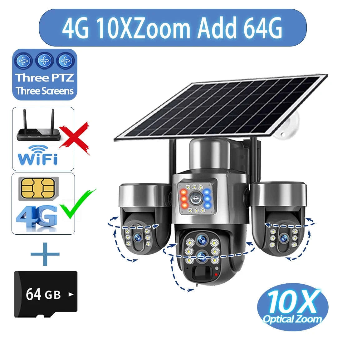 20MP 4-Lens 4G Solar Outdoor Security Camera with 10X Optical Zoom, 3 PTZ and Auto Tracking-WiFi No Zoom No Card