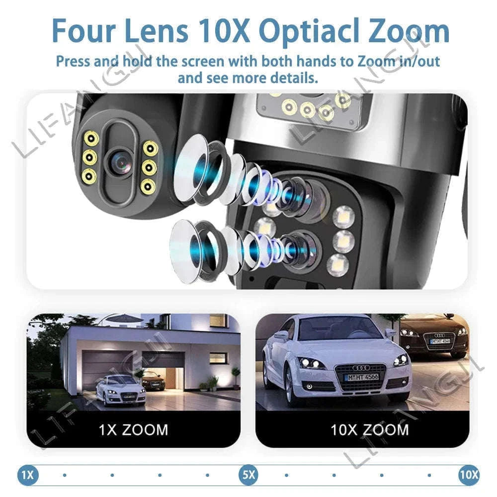 20MP 4-Lens 4G Solar Outdoor Security Camera with 10X Optical Zoom, 3 PTZ and Auto Tracking-WiFi No Zoom No Card
