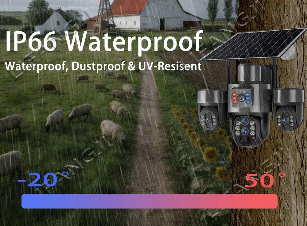 20MP 4-Lens 4G Solar Outdoor Security Camera with 10X Optical Zoom, 3 PTZ and Auto Tracking-WiFi No Zoom No Card