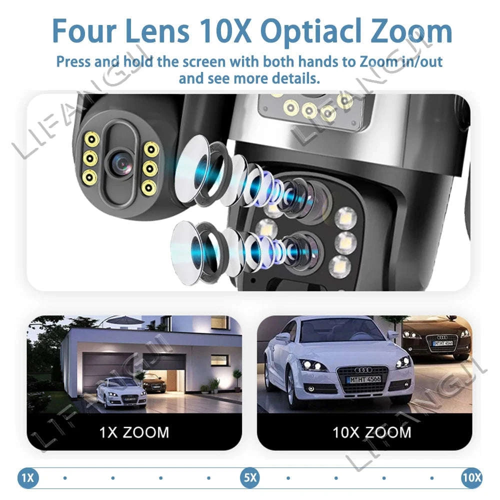 20MP 4-Lens 4G Solar Outdoor Security Camera with 10X Optical Zoom, 3 PTZ and Auto Tracking-WiFi No Zoom No Card