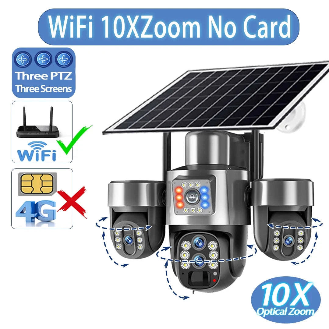 20MP 4-Lens 4G Solar Outdoor Security Camera with 10X Optical Zoom, 3 PTZ and Auto Tracking-WiFi No Zoom No Card