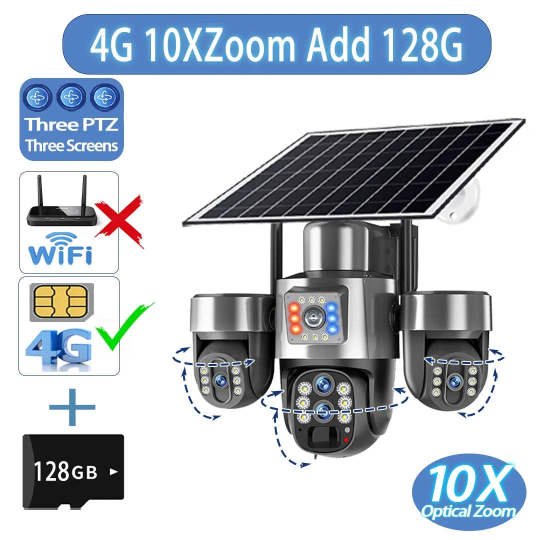 20MP 4-Lens 4G Solar Outdoor Security Camera with 10X Optical Zoom, 3 PTZ and Auto Tracking-WiFi No Zoom No Card