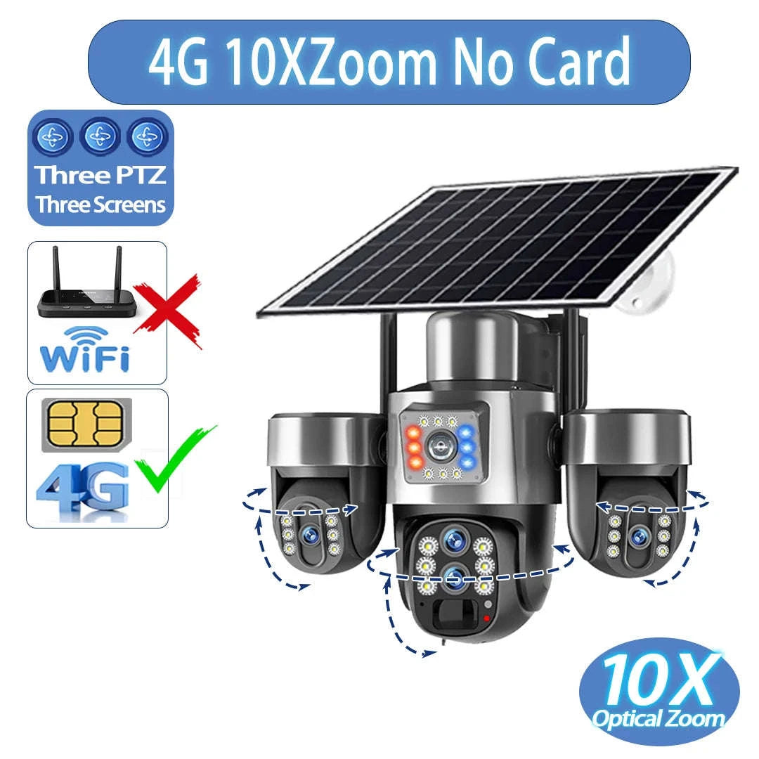 20MP 4-Lens 4G Solar Outdoor Security Camera with 10X Optical Zoom, 3 PTZ and Auto Tracking-WiFi No Zoom No Card