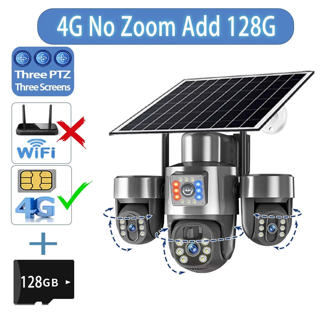 20MP 4-Lens 4G Solar Outdoor Security Camera with 10X Optical Zoom, 3 PTZ and Auto Tracking-WiFi No Zoom No Card