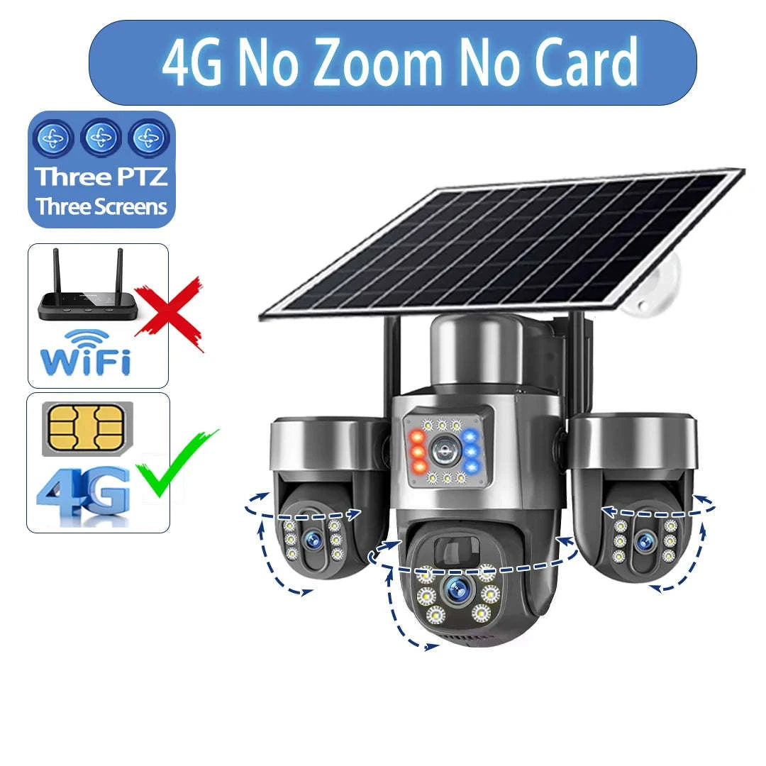 20MP 4-Lens 4G Solar Outdoor Security Camera with 10X Optical Zoom, 3 PTZ and Auto Tracking-WiFi No Zoom No Card