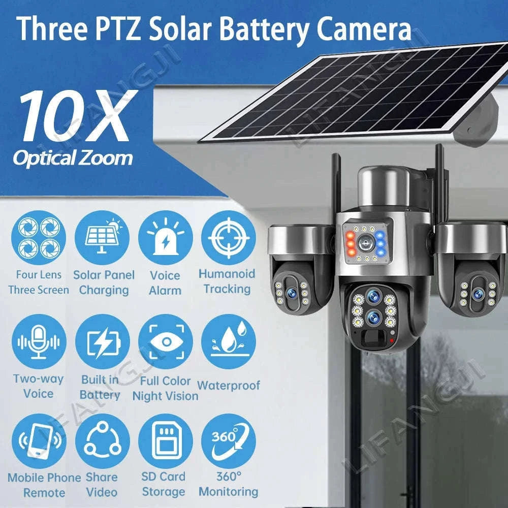 20MP 4-Lens 4G Solar Outdoor Security Camera with 10X Optical Zoom, 3 PTZ and Auto Tracking-WiFi No Zoom No Card