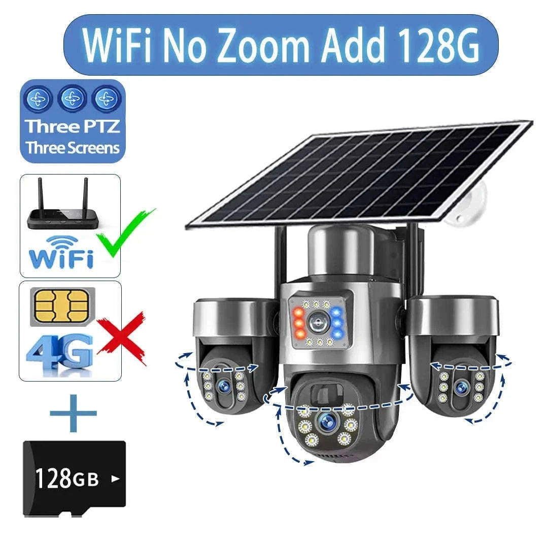 20MP 4-Lens 4G Solar Outdoor Security Camera with 10X Optical Zoom, 3 PTZ and Auto Tracking-WiFi No Zoom No Card