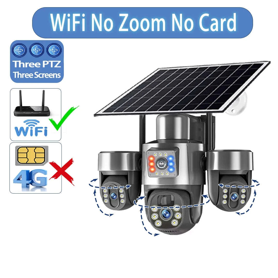 20MP 4-Lens 4G Solar Outdoor Security Camera with 10X Optical Zoom, 3 PTZ and Auto Tracking-WiFi No Zoom No Card