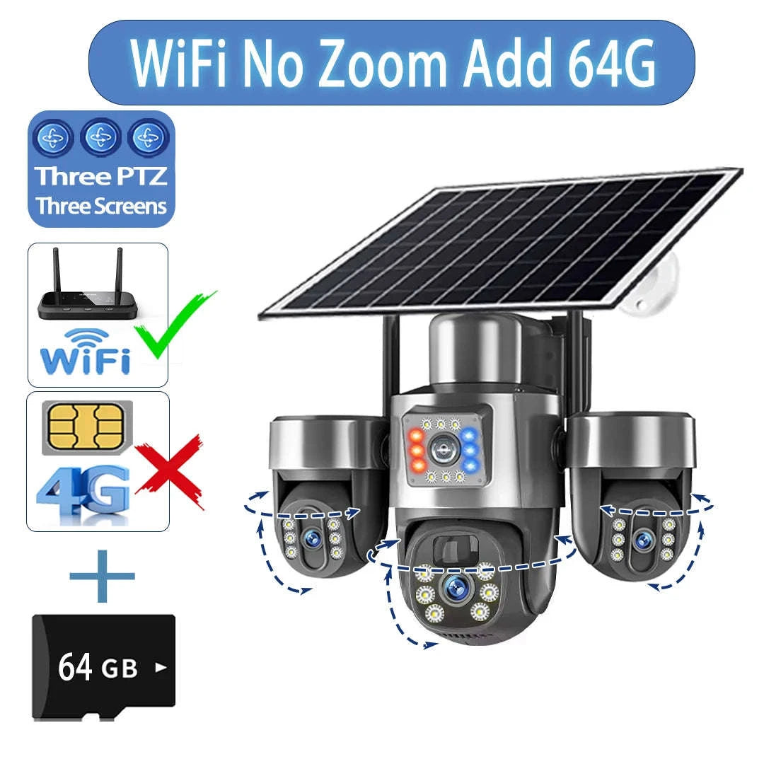 20MP 4-Lens 4G Solar Outdoor Security Camera with 10X Optical Zoom, 3 PTZ and Auto Tracking-WiFi No Zoom No Card