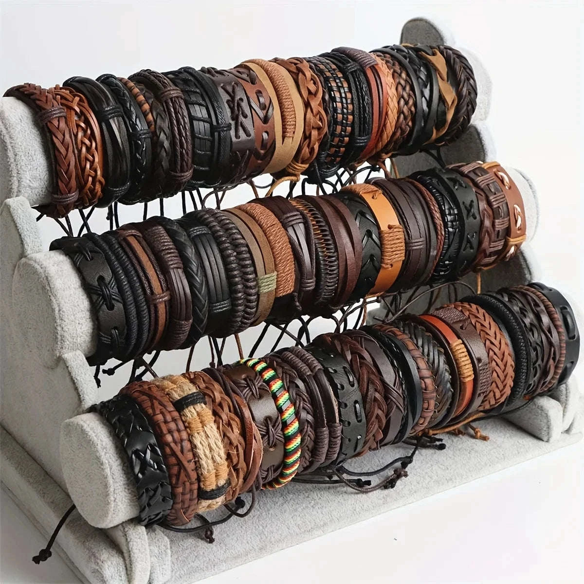 20Pcs Braided Leather Bracelets for Men Women Wrap Wood Beads Cuff Bracelet Hemp Cords Ethnic Tribal Handmade Wrap Wristband Bra-Mix20pcs