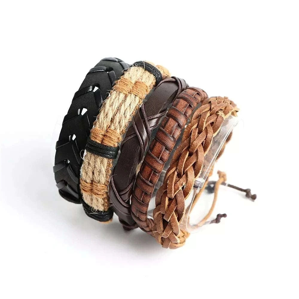 20Pcs Braided Leather Bracelets for Men Women Wrap Wood Beads Cuff Bracelet Hemp Cords Ethnic Tribal Handmade Wrap Wristband Bra-Mix20pcs