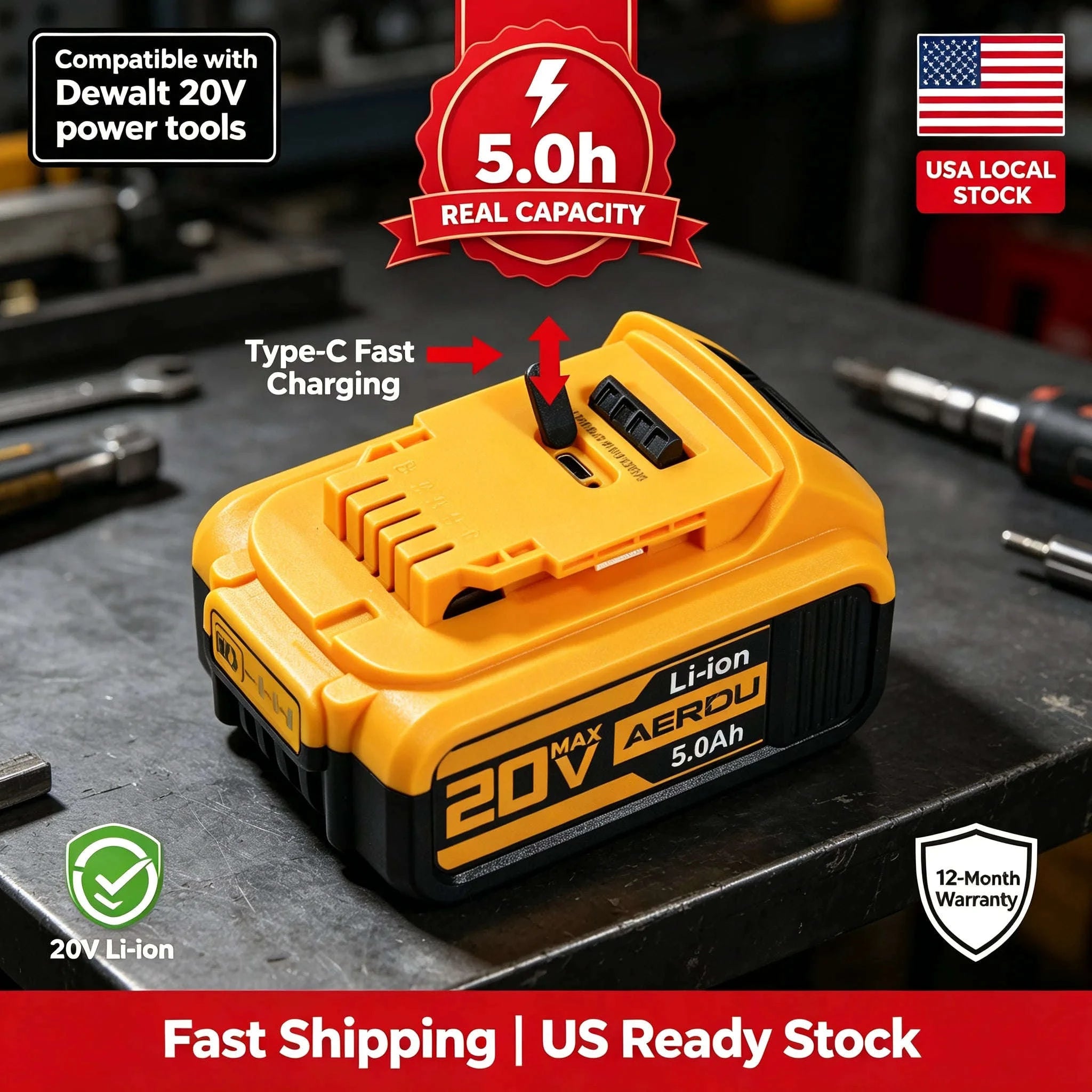 20V 5.0Ah Li-ion Battery with Type-C Charging for 20V Power Tools-PURPLE / United States