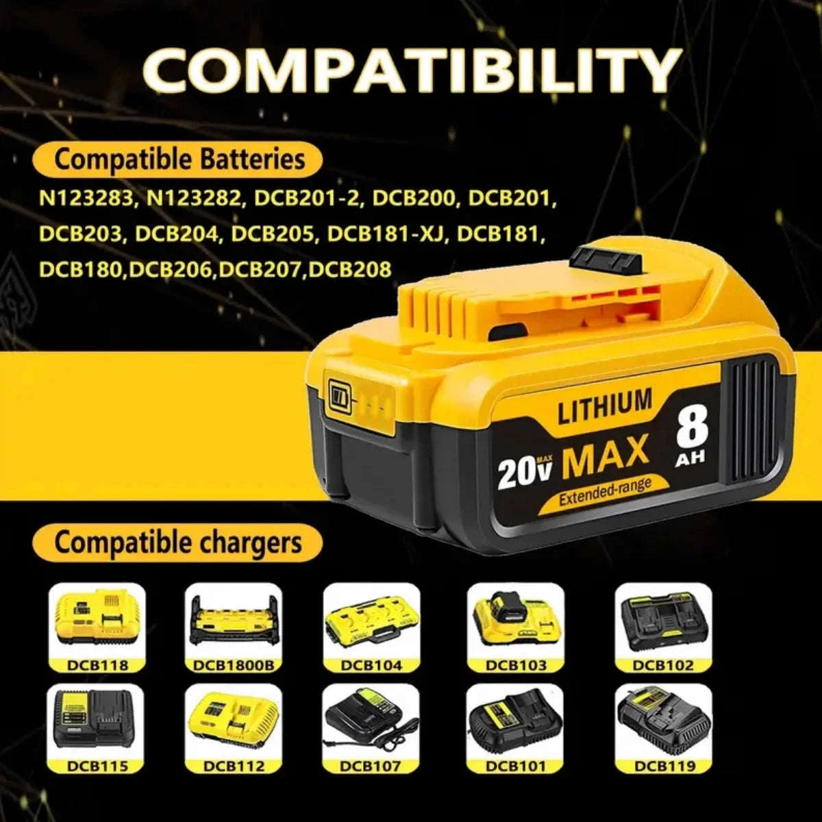 20V 8.0Ah Lithium Battery for DeWalt Tools – DCB200 Compatible-6PACK / United States