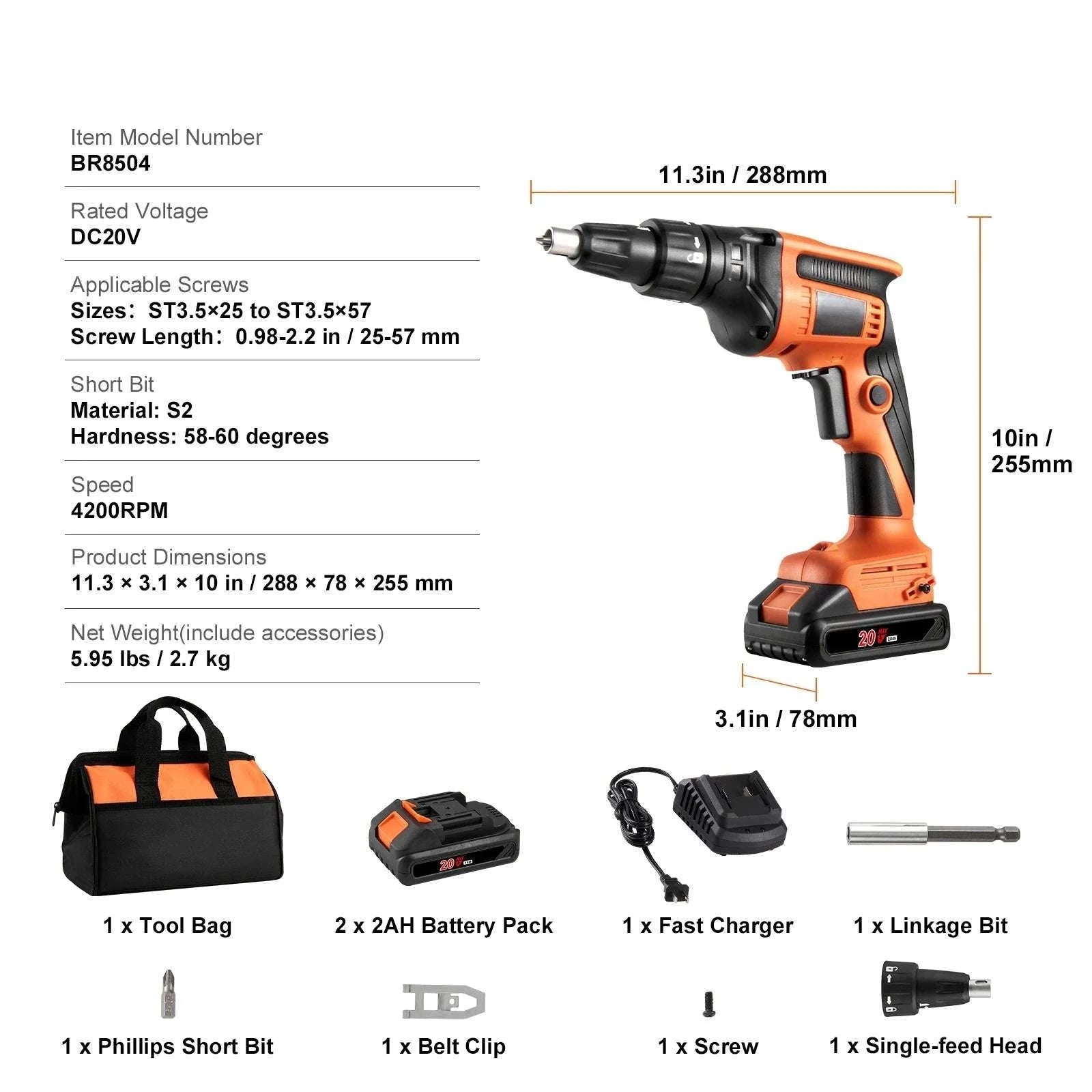 20V Cordless Drywall Screw Gun Kit 4200RPM Brushless with LED-Single Shot / United States
