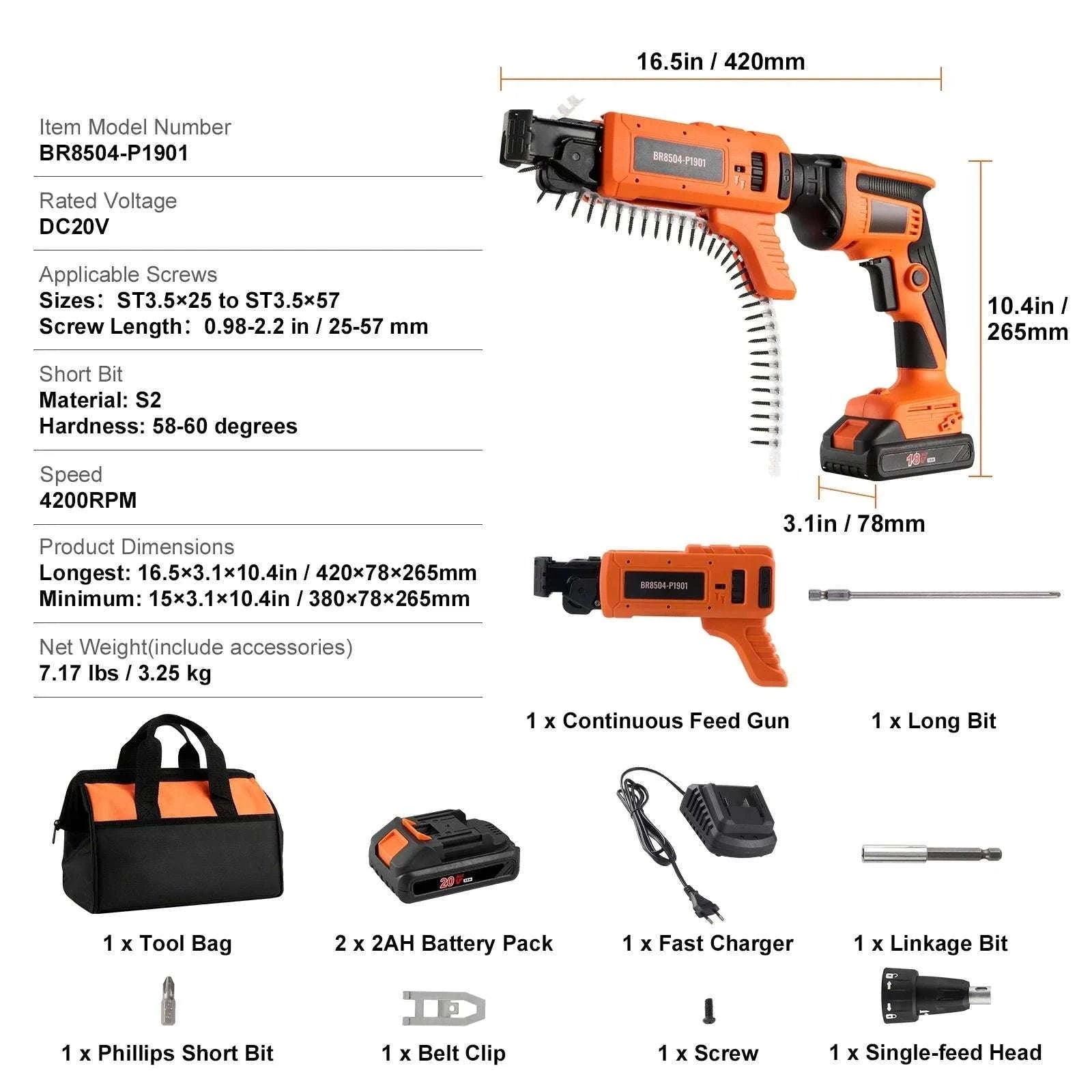 20V Cordless Drywall Screw Gun Kit 4200RPM Brushless with LED-Single Shot / United States