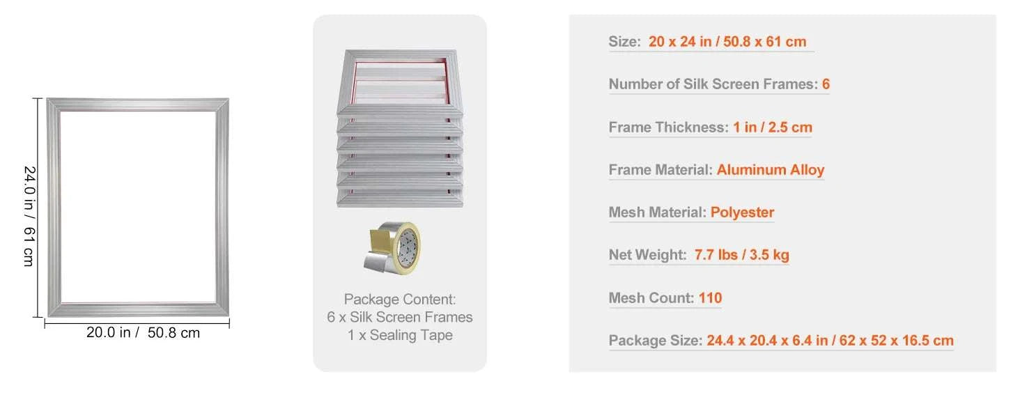 20x24 Inch Aluminum Screen Printing Frame with 305 Mesh Nylon-6 PCS 160 Mesh / United States