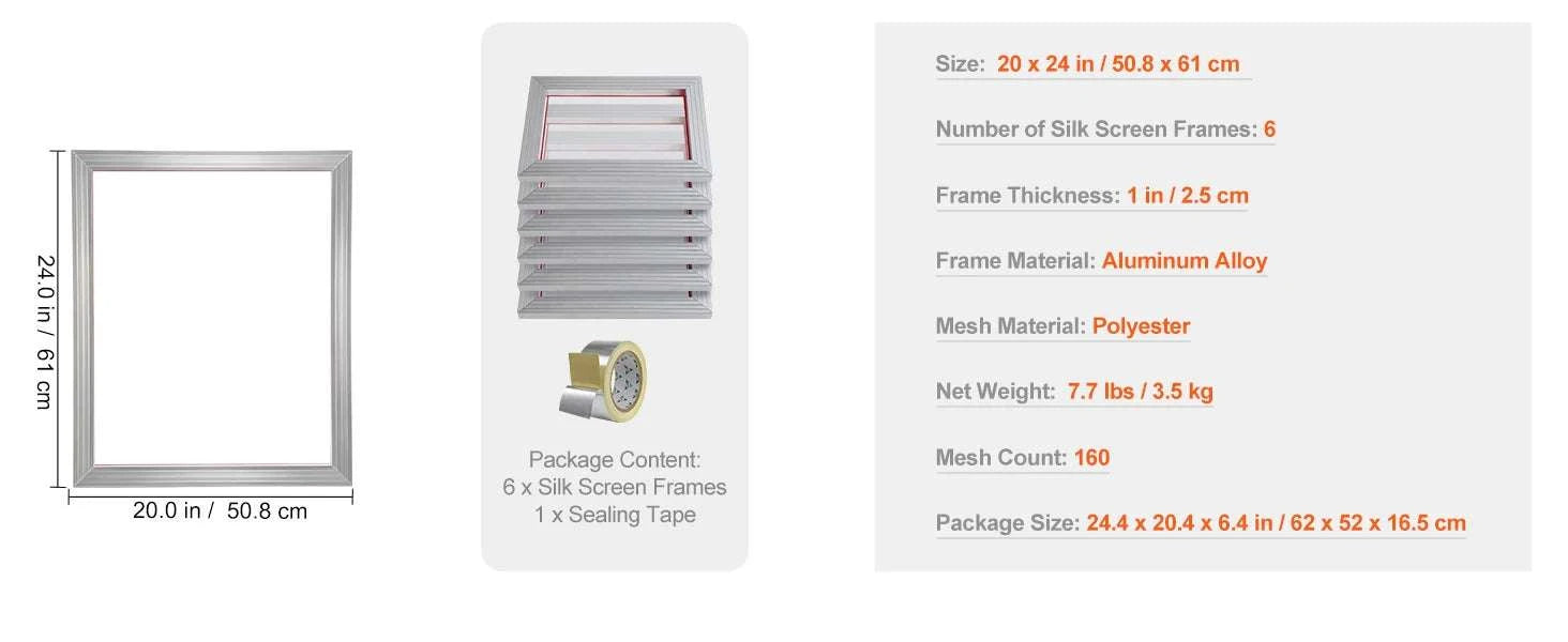 20x24 Inch Aluminum Screen Printing Frame with 305 Mesh Nylon-6 PCS 160 Mesh / United States