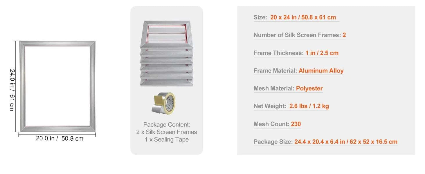 20x24 Inch Aluminum Screen Printing Frame with 305 Mesh Nylon-6 PCS 160 Mesh / United States