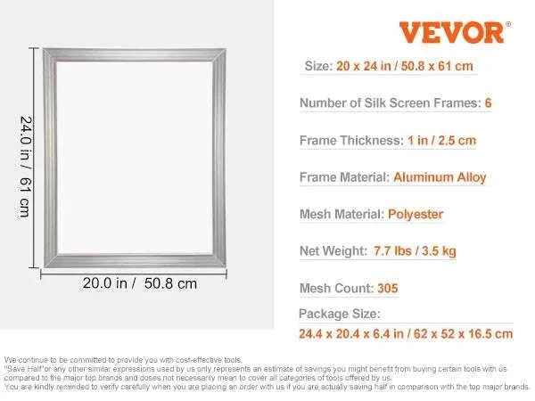 20x24 Inch Aluminum Screen Printing Frame with 305 Mesh Nylon-6 PCS 160 Mesh / United States
