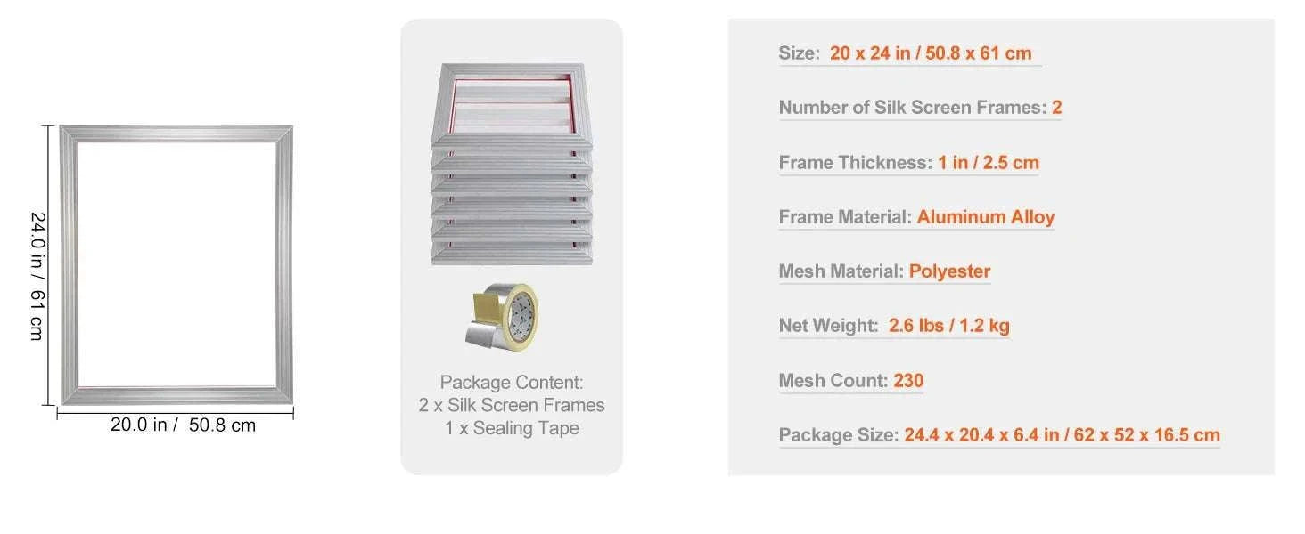 20x24 Inch Aluminum Screen Printing Frame with 305 Mesh Nylon-6 PCS 160 Mesh / United States