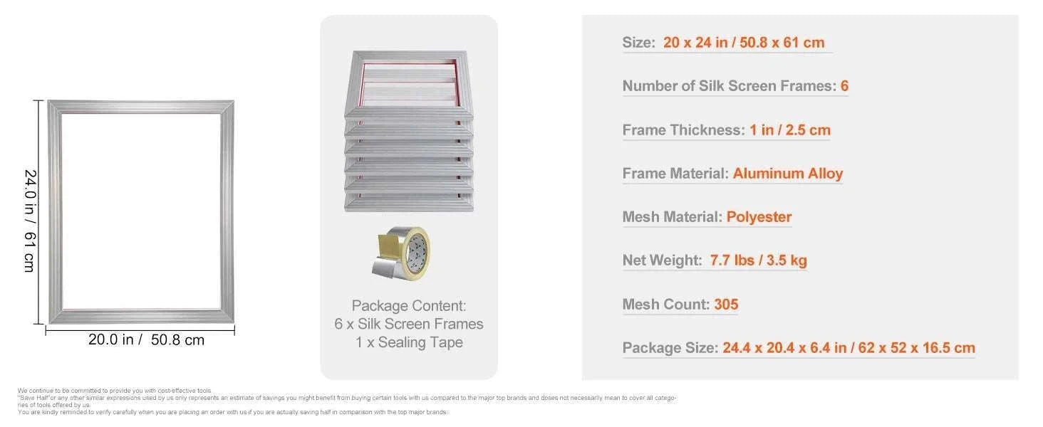 20x24 Inch Aluminum Screen Printing Frame with 305 Mesh Nylon-6 PCS 160 Mesh / United States