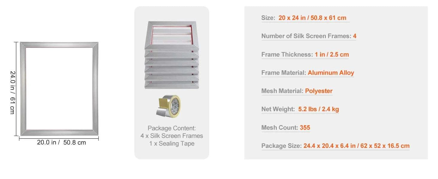 20x24 Inch Aluminum Screen Printing Frame with 305 Mesh Nylon-6 PCS 160 Mesh / United States