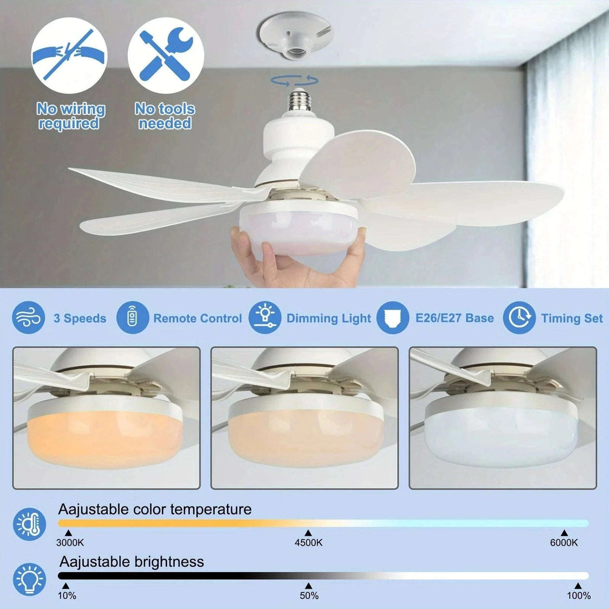 21.5" Socket Ceiling Fan Light with Remote, E27 LED Dimmable Fan-Fan Light-Color / 85-265V